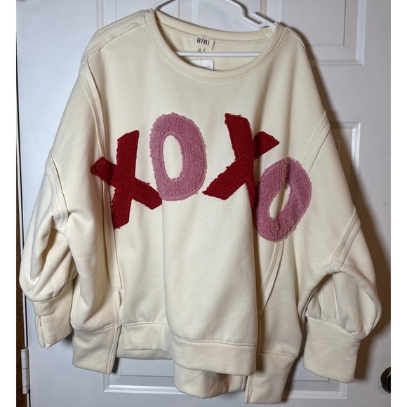 BiBi Tops - Bibi XL Cream XOXO Chenille Patch Sweatshirt Valentine's Pullover NWT Boutique